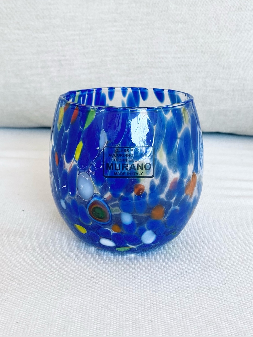 Authentic Murano Glass Blue Confetti Speckled Tumbler Made in Italy w Sticker